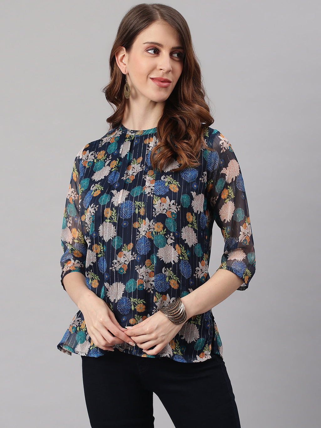 Janasya Women's Navy Blue Poly Georgette Floral Print Regular Top - Distacart
