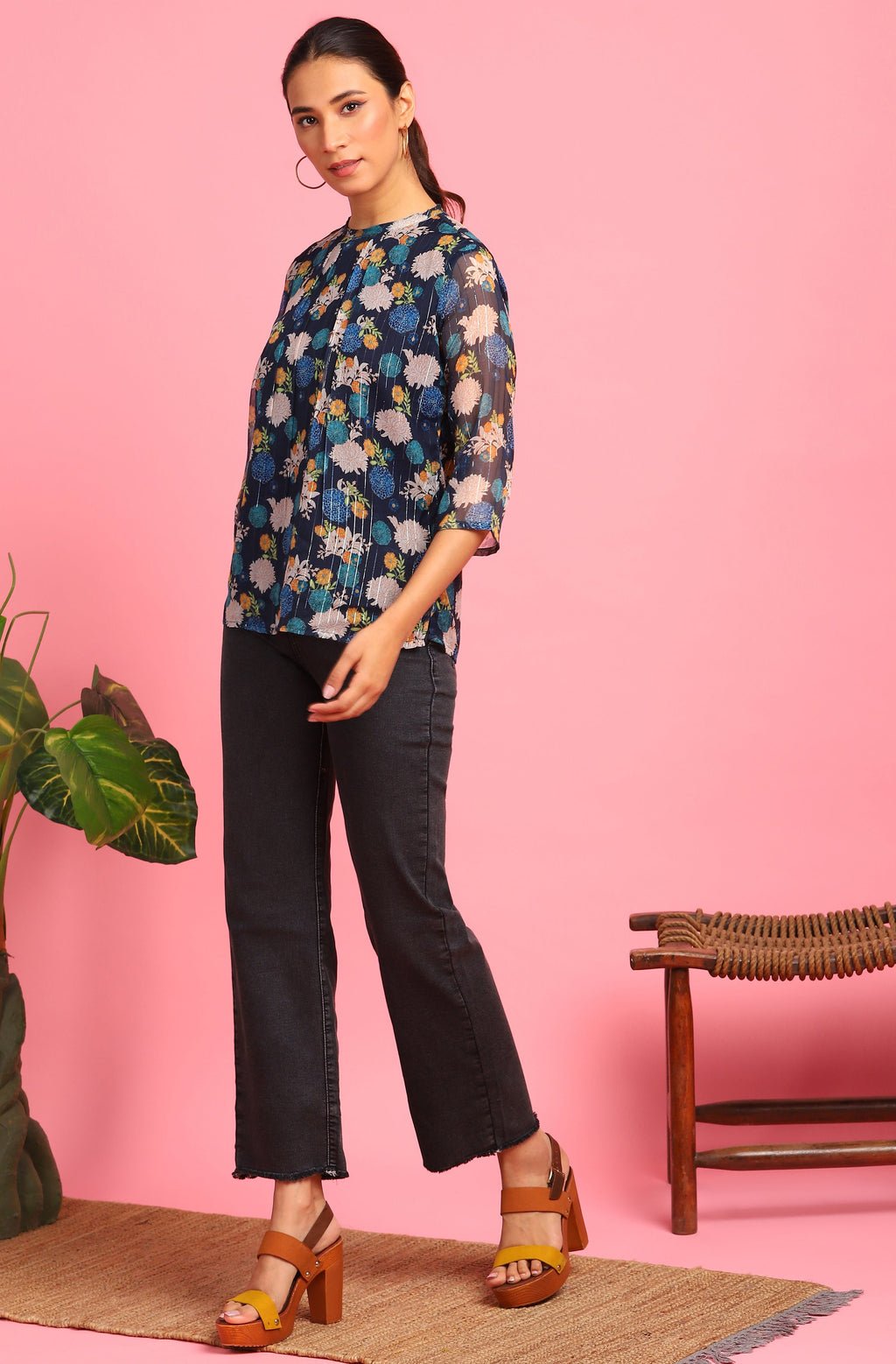 Janasya Women's Navy Blue Poly Georgette Floral Print Regular Top - Distacart