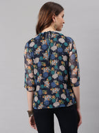 Janasya Women's Navy Blue Poly Georgette Floral Print Regular Top - Distacart