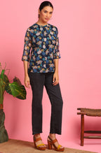 Janasya Women's Navy Blue Poly Georgette Floral Print Regular Top - Distacart