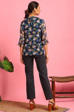 Janasya Women's Navy Blue Poly Georgette Floral Print Regular Top - Distacart