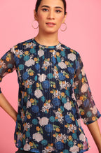 Janasya Women's Navy Blue Poly Georgette Floral Print Regular Top - Distacart