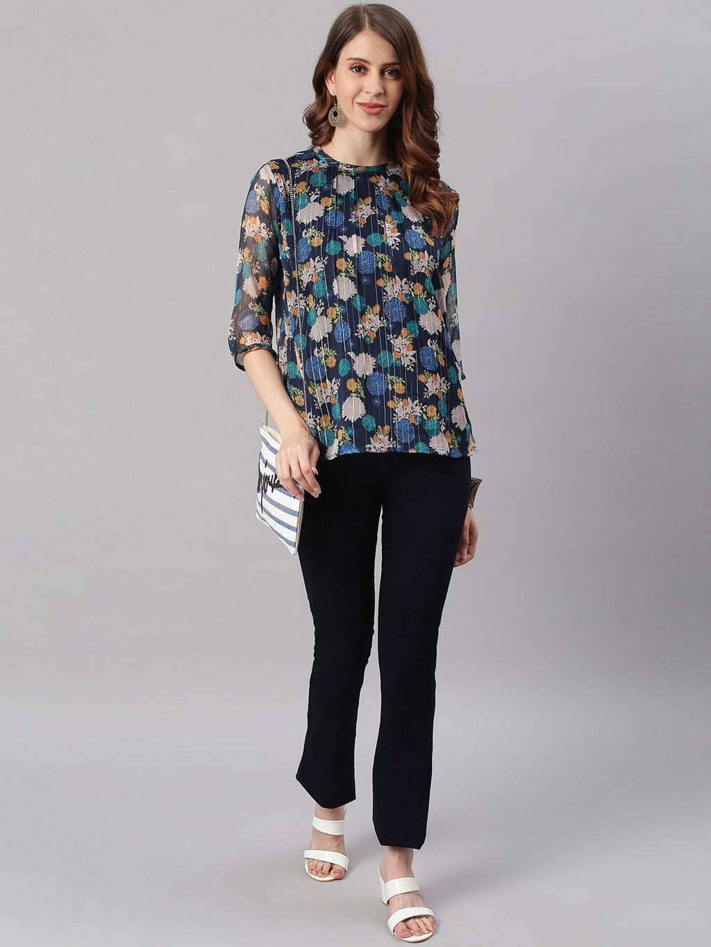 Janasya Women's Navy Blue Poly Georgette Floral Print Regular Top - Distacart