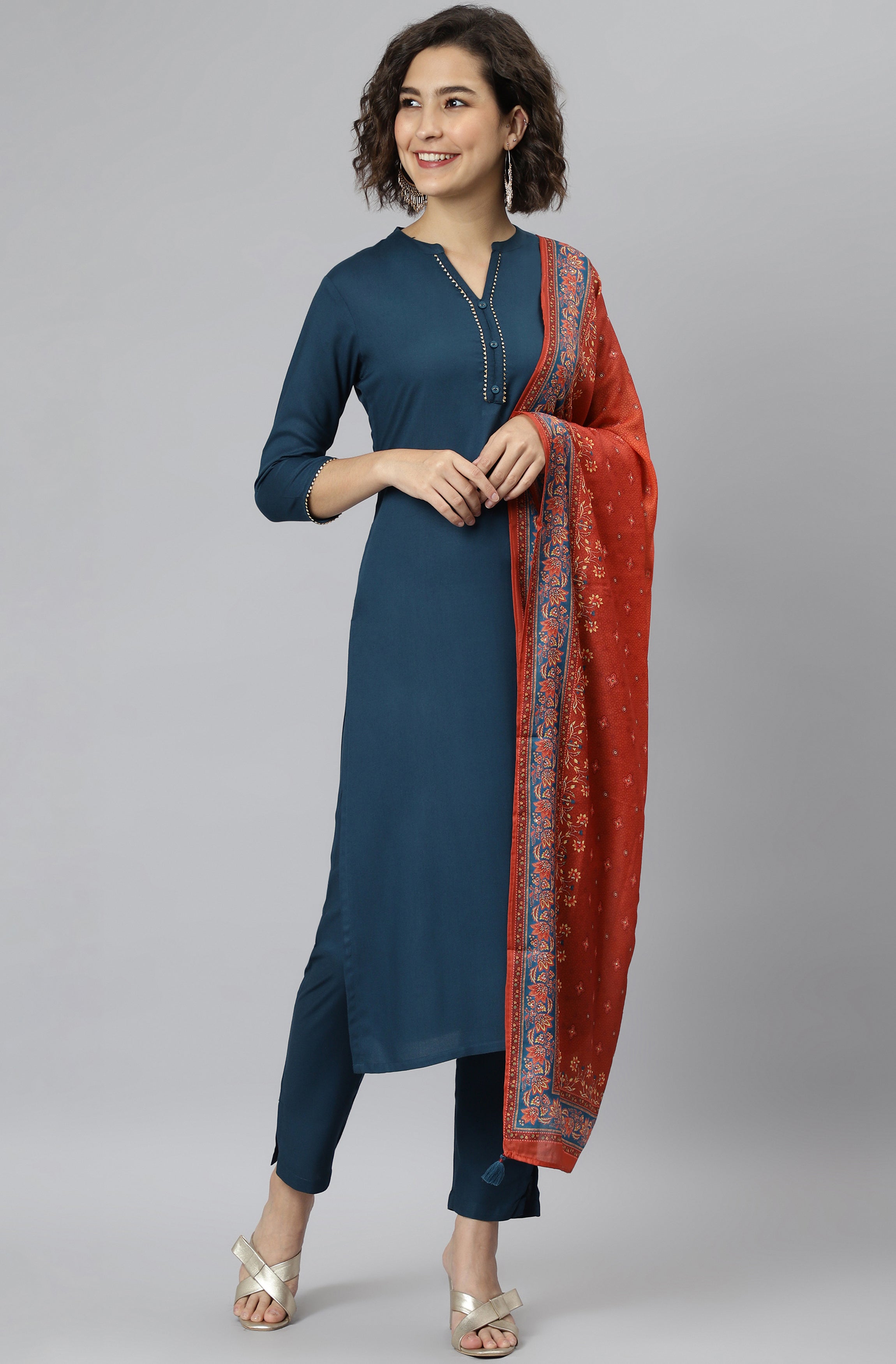 Janasya Women's Teal Rayon Solid Kurta With Pant And Dupatta - Distacart