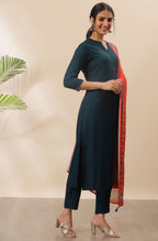 Janasya Women's Teal Rayon Solid Kurta With Pant And Dupatta - Distacart