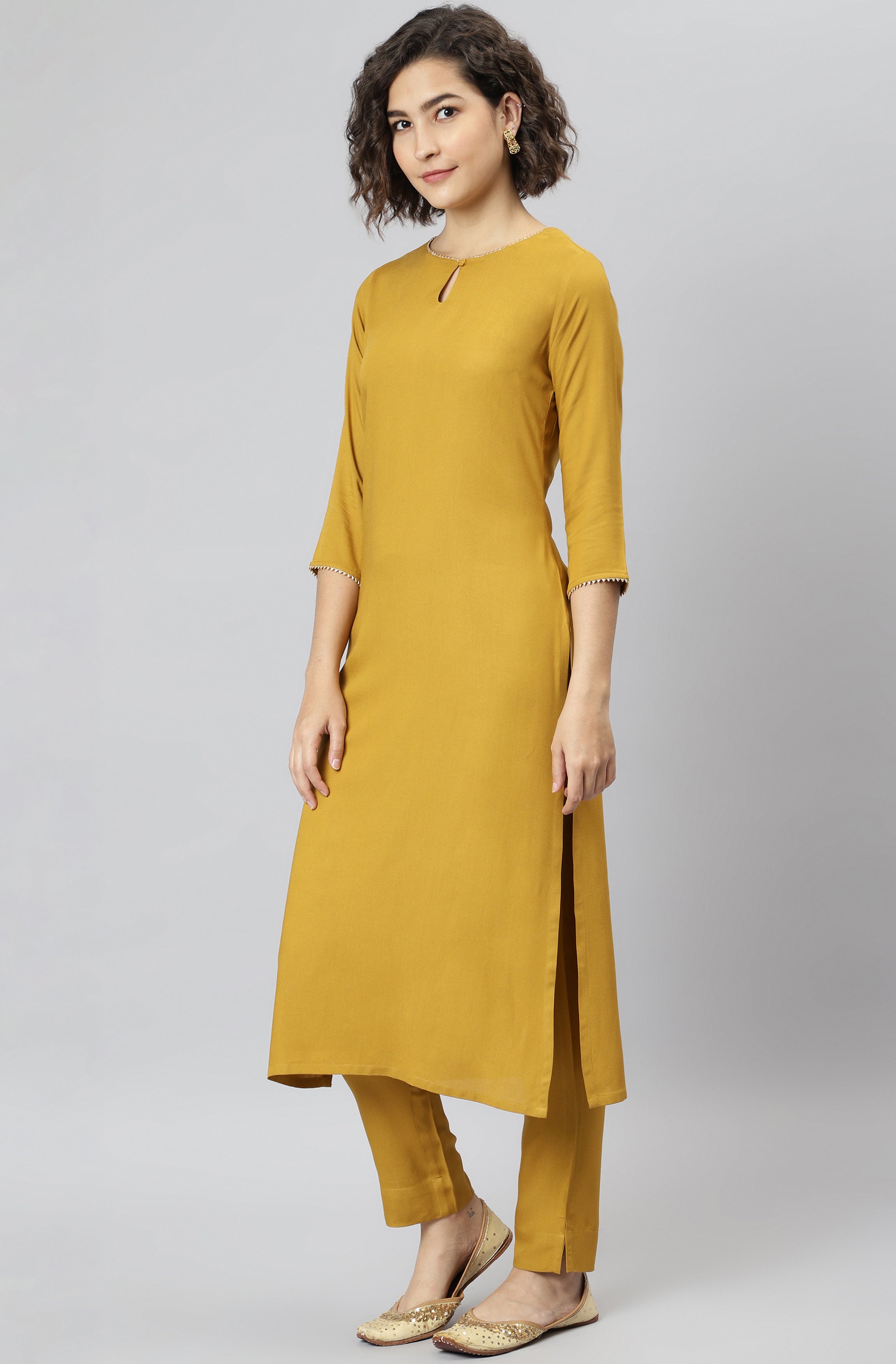 Janasya Women's Mustard Rayon Solid Kurta With Pant And Dupatta - Distacart