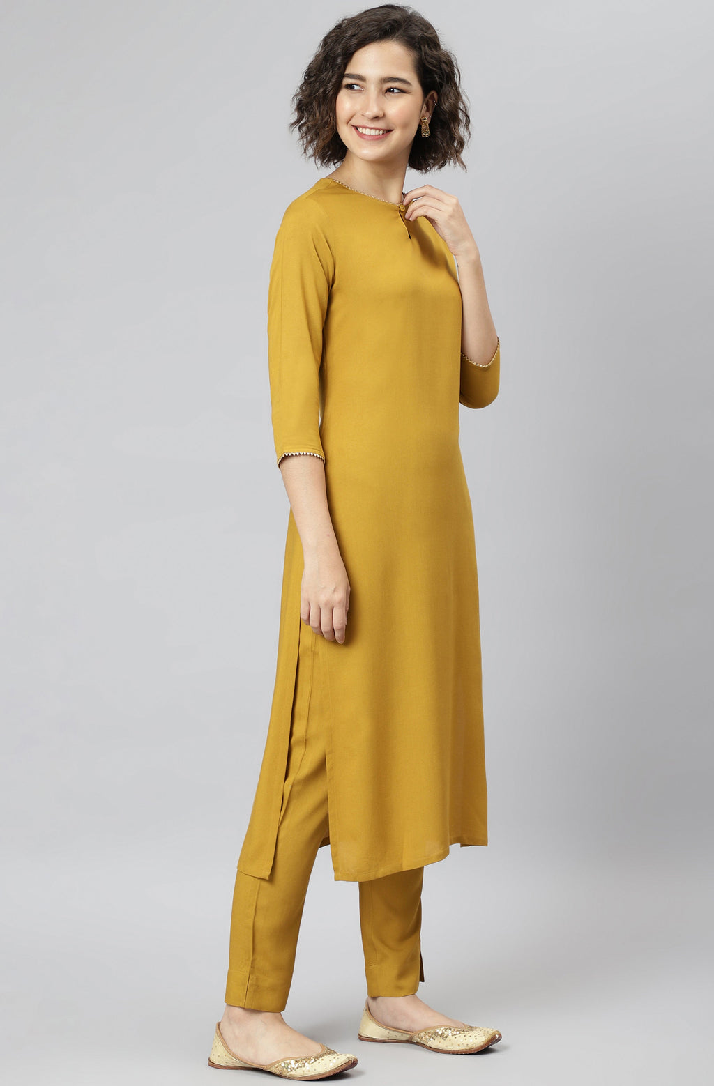 Janasya Women's Mustard Rayon Solid Kurta With Pant And Dupatta - Distacart