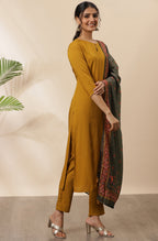 Janasya Women's Mustard Rayon Solid Kurta With Pant And Dupatta - Distacart