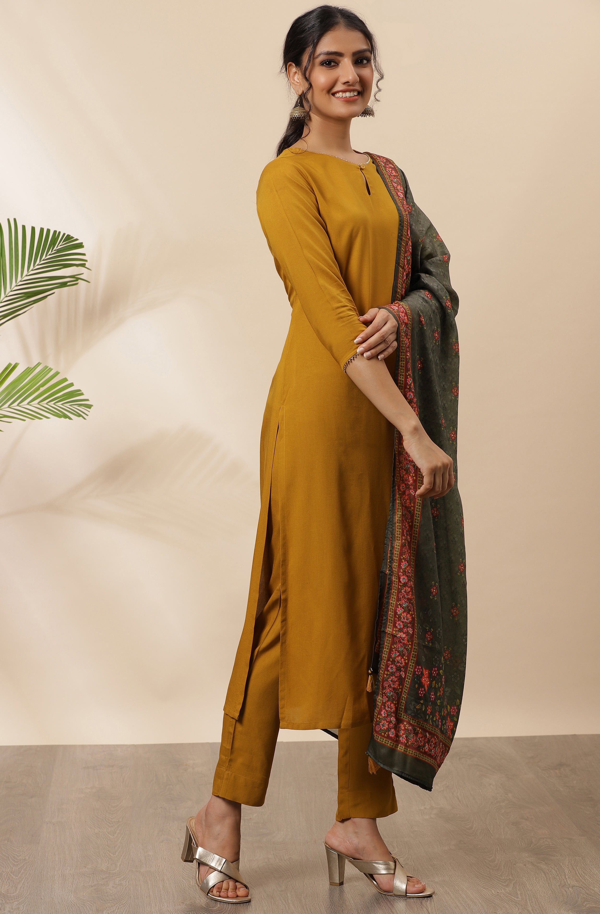 Janasya Women's Mustard Rayon Solid Kurta With Pant And Dupatta - Distacart