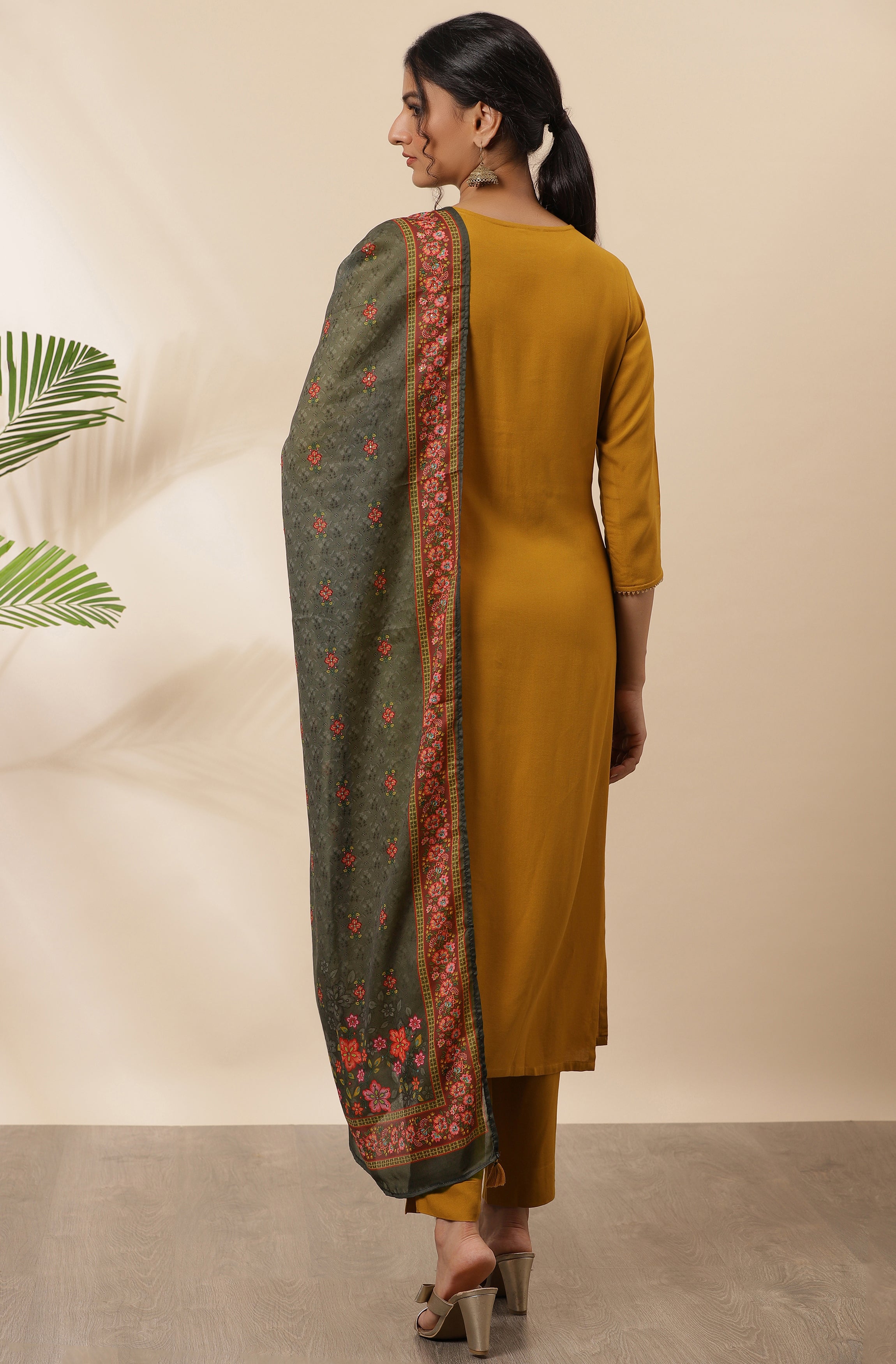 Janasya Women's Mustard Rayon Solid Kurta With Pant And Dupatta - Distacart