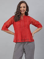 Janasya Women's Red Kota Doria Embellished Gathered Top - Distacart