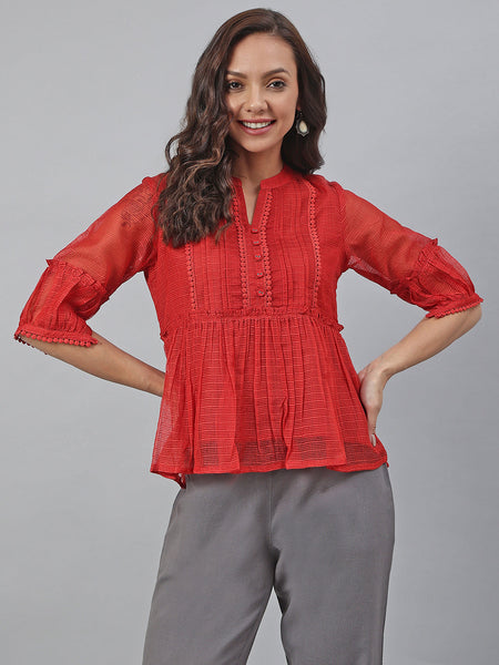 Janasya Women's Red Kota Doria Embellished Gathered Top
