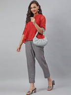 Janasya Women's Red Kota Doria Embellished Gathered Top - Distacart