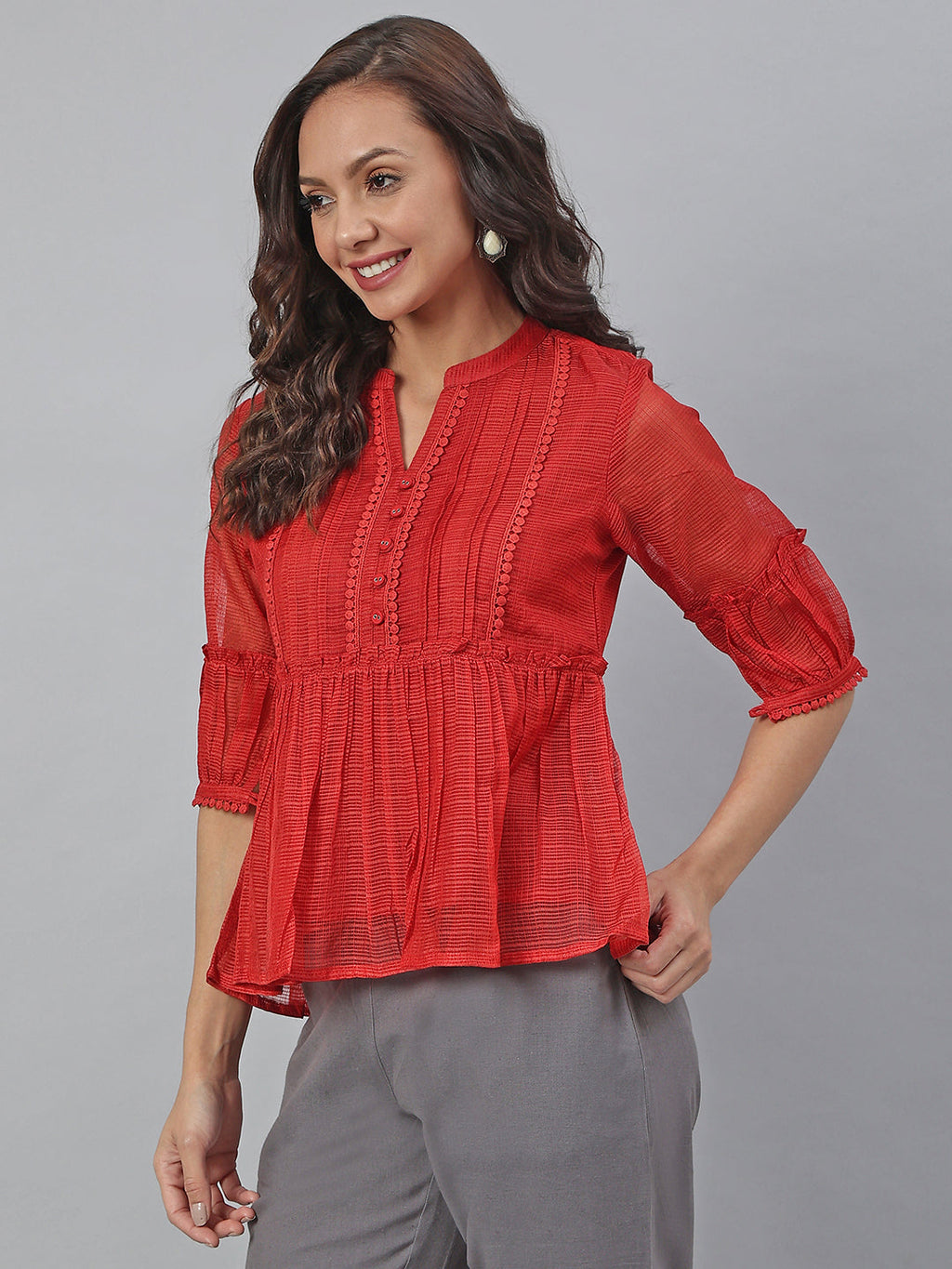 Janasya Women's Red Kota Doria Embellished Gathered Top - Distacart