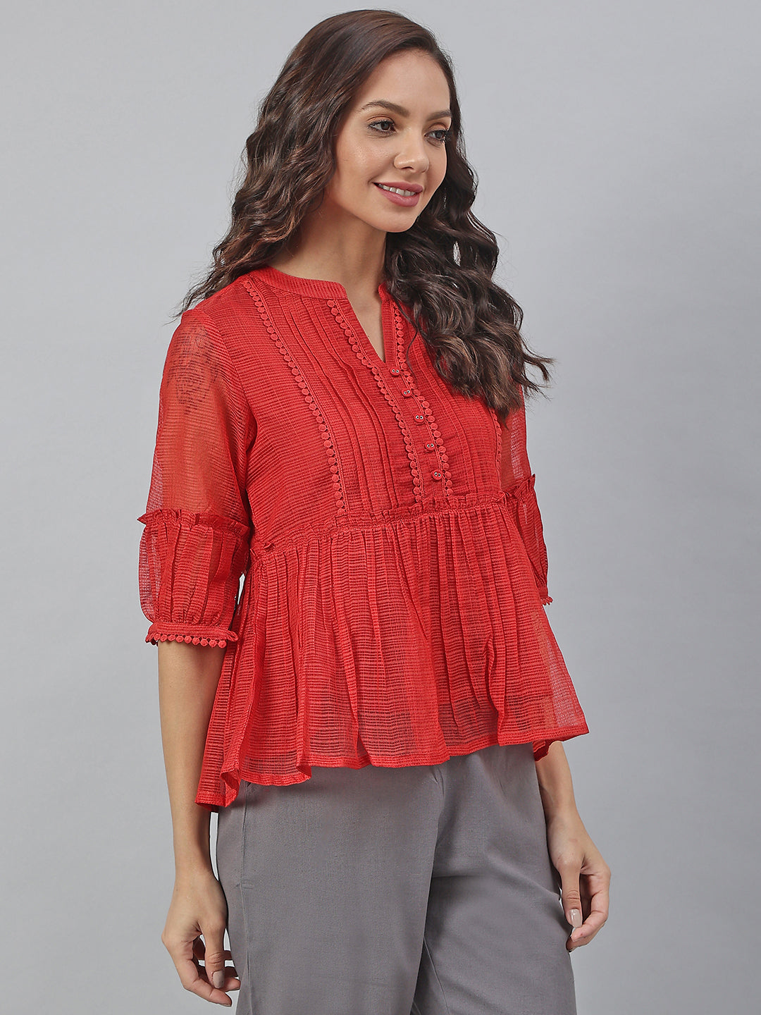 Janasya Women's Red Kota Doria Embellished Gathered Top - Distacart
