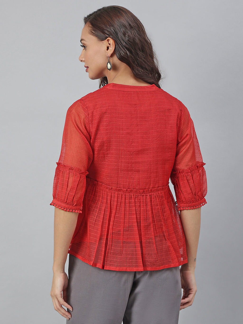 Janasya Women's Red Kota Doria Embellished Gathered Top - Distacart