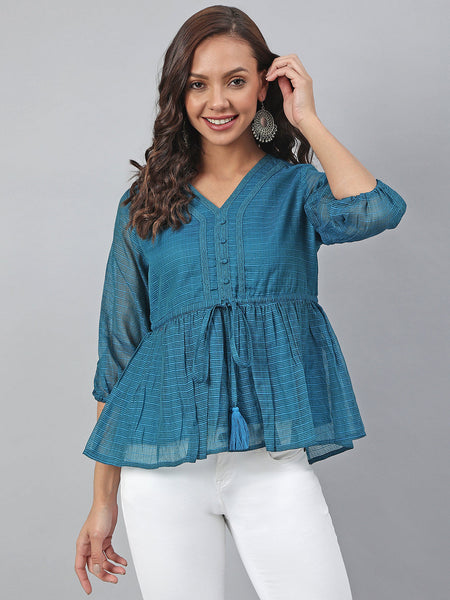 Janasya Women's Teal Kota Doria Solid Gathered Top