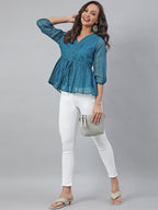 Janasya Women's Teal Kota Doria Solid Gathered Top - Distacart