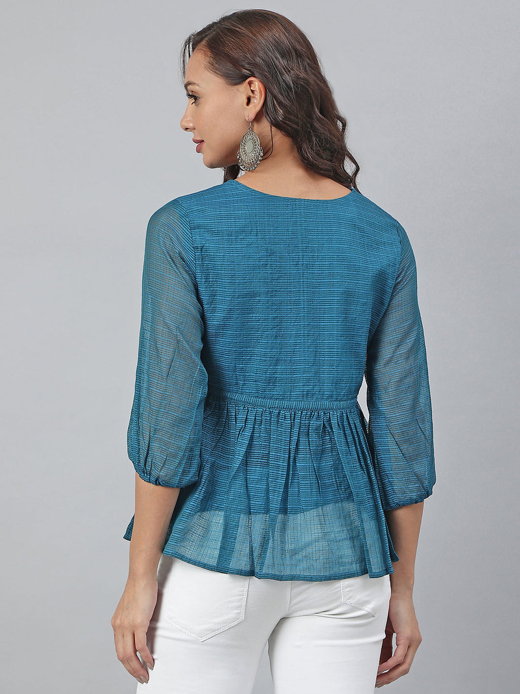 Janasya Women's Teal Kota Doria Solid Gathered Top - Distacart