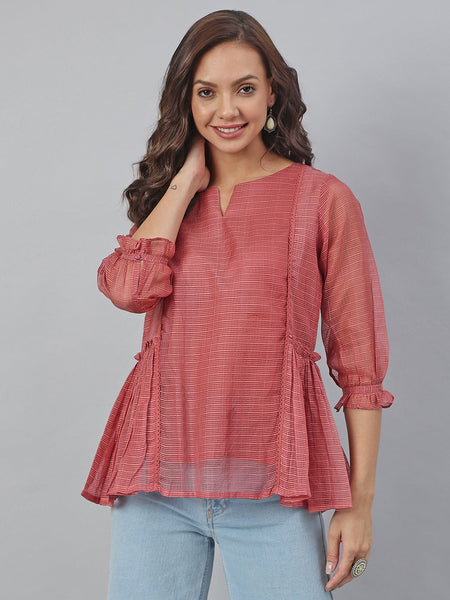 Janasya Women's Old Rose Kota Doria Solid Panelled Top