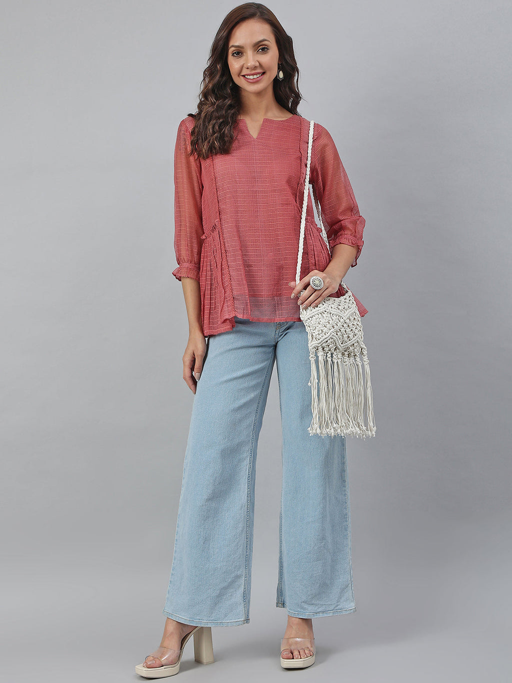 Janasya Women's Old Rose Kota Doria Solid Panelled Top - Distacart