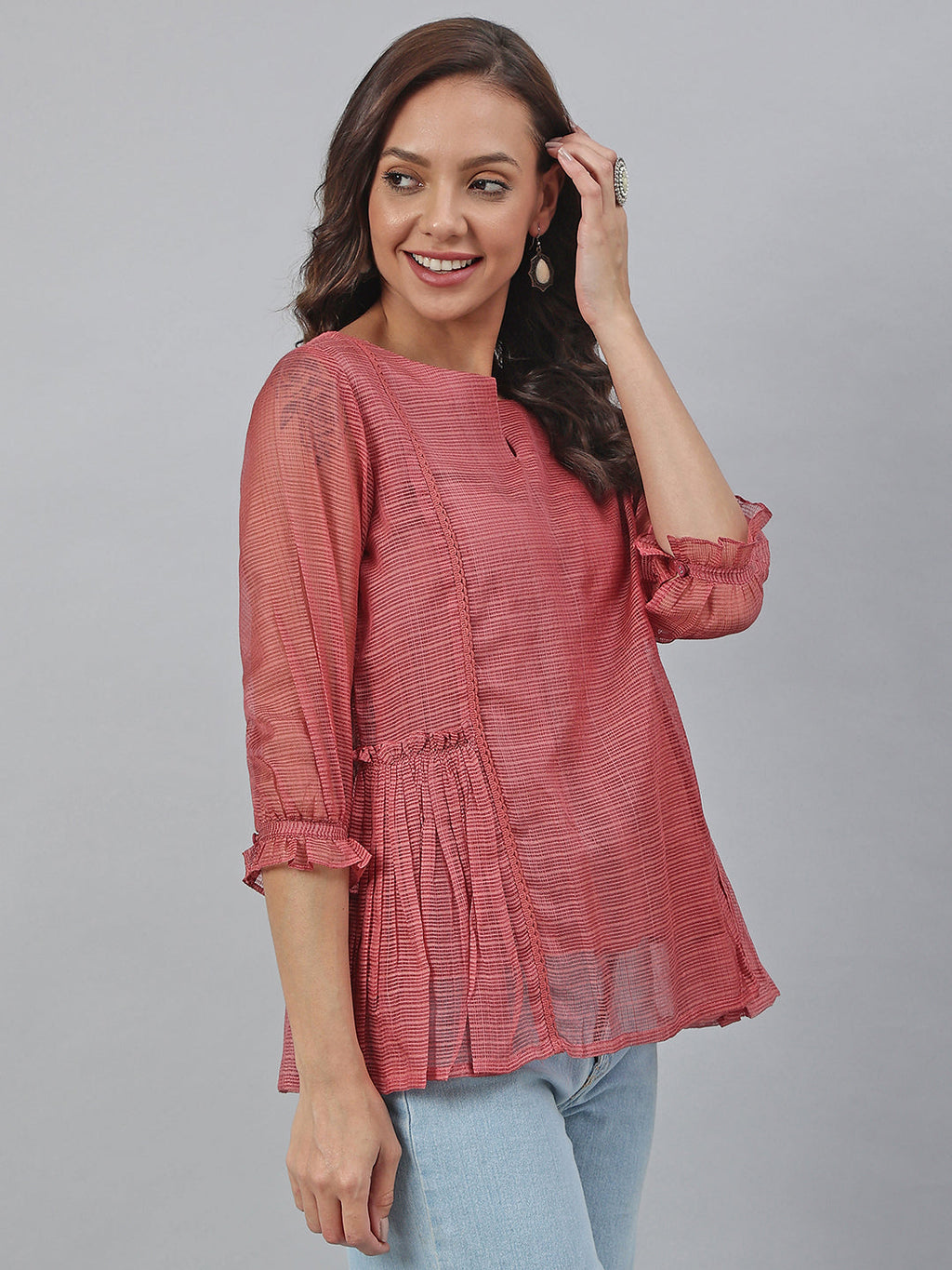 Janasya Women's Old Rose Kota Doria Solid Panelled Top - Distacart