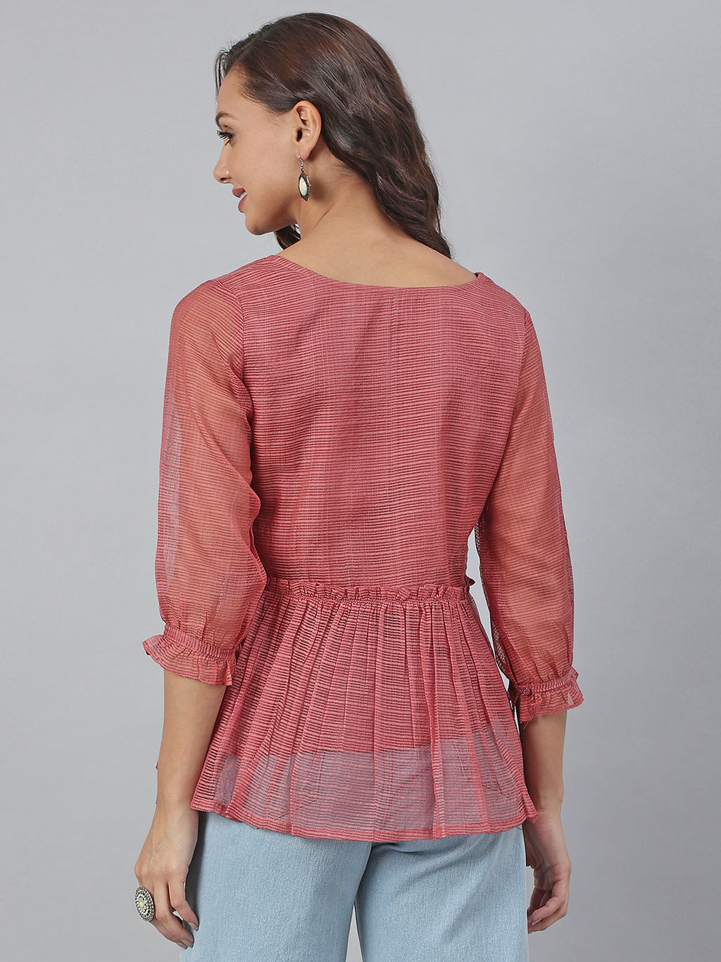 Janasya Women's Old Rose Kota Doria Solid Panelled Top - Distacart