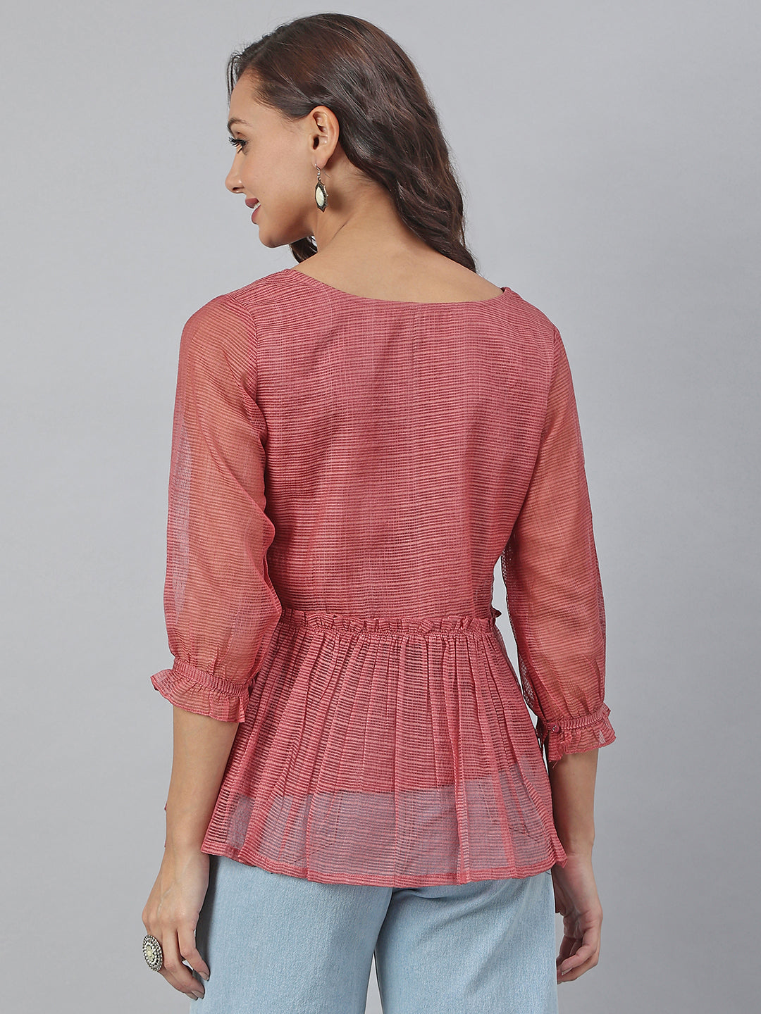 Janasya Women's Old Rose Kota Doria Solid Panelled Top - Distacart