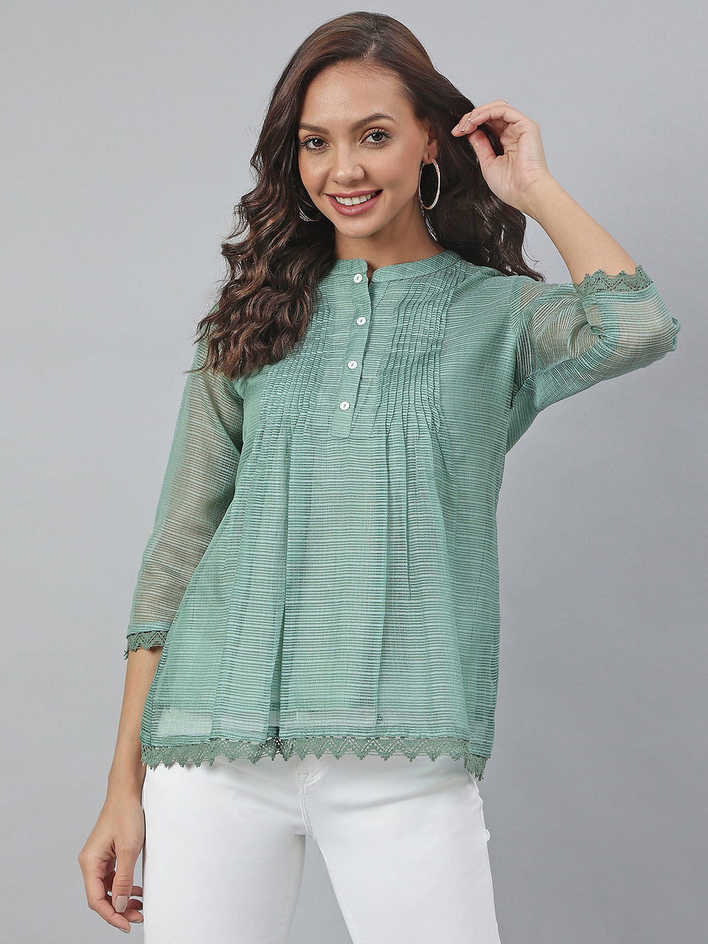 Janasya Women's Green Kota Doria Embellished Regular Top - Distacart
