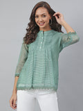 Janasya Women's Green Kota Doria Embellished Regular Top - Distacart