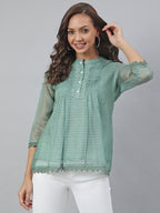 Janasya Women's Green Kota Doria Embellished Regular Top - Distacart