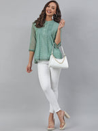 Janasya Women's Green Kota Doria Embellished Regular Top - Distacart