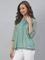Janasya Women's Green Kota Doria Embellished Regular Top - Distacart