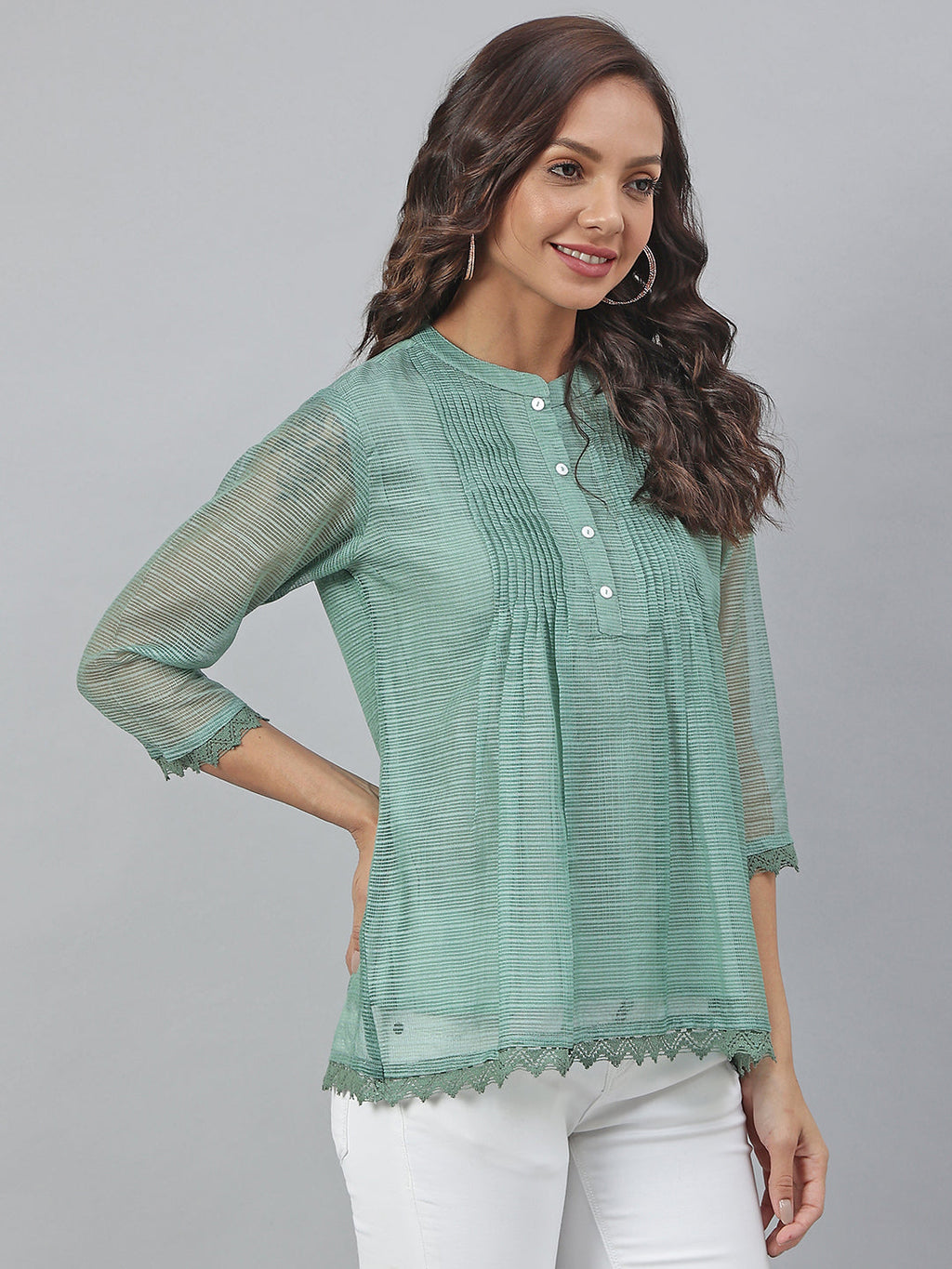 Janasya Women's Green Kota Doria Embellished Regular Top - Distacart