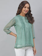 Janasya Women's Green Kota Doria Embellished Regular Top - Distacart
