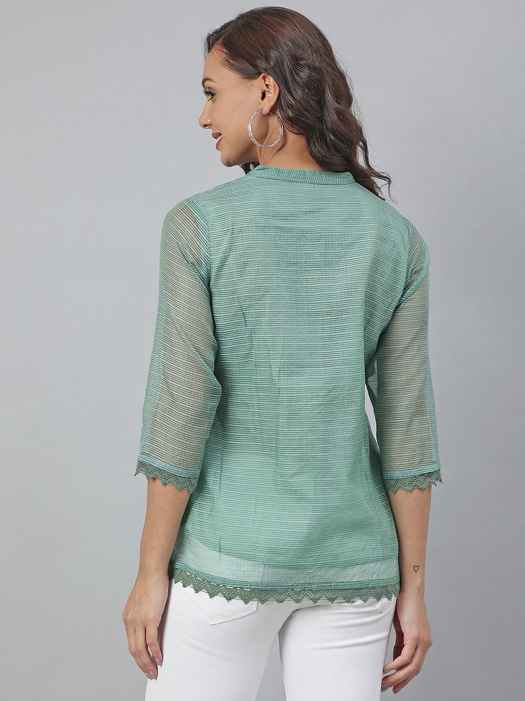Janasya Women's Green Kota Doria Embellished Regular Top - Distacart
