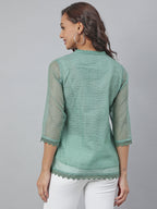 Janasya Women's Green Kota Doria Embellished Regular Top - Distacart