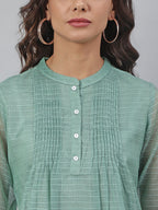 Janasya Women's Green Kota Doria Embellished Regular Top - Distacart