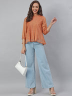 Janasya Women's Rust Kota Doria Solid Panelled Top - Distacart