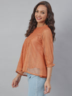 Janasya Women's Rust Kota Doria Solid Panelled Top - Distacart