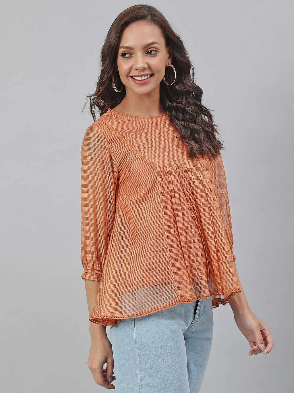 Janasya Women's Rust Kota Doria Solid Panelled Top - Distacart