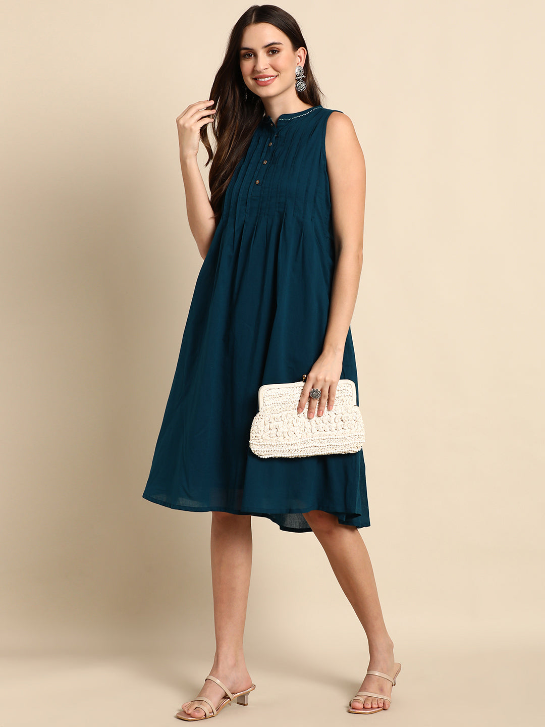 Janasya Women's Teal Cotton Solid A-line Western Dress - Distacart