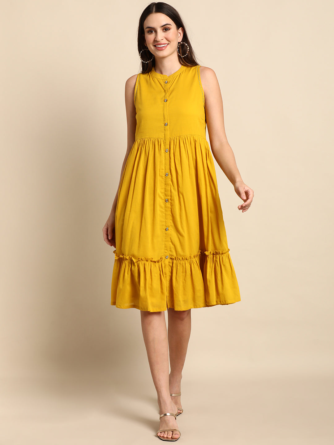 Janasya Women's Mustard Cotton Solid Flared Western Dress - Distacart