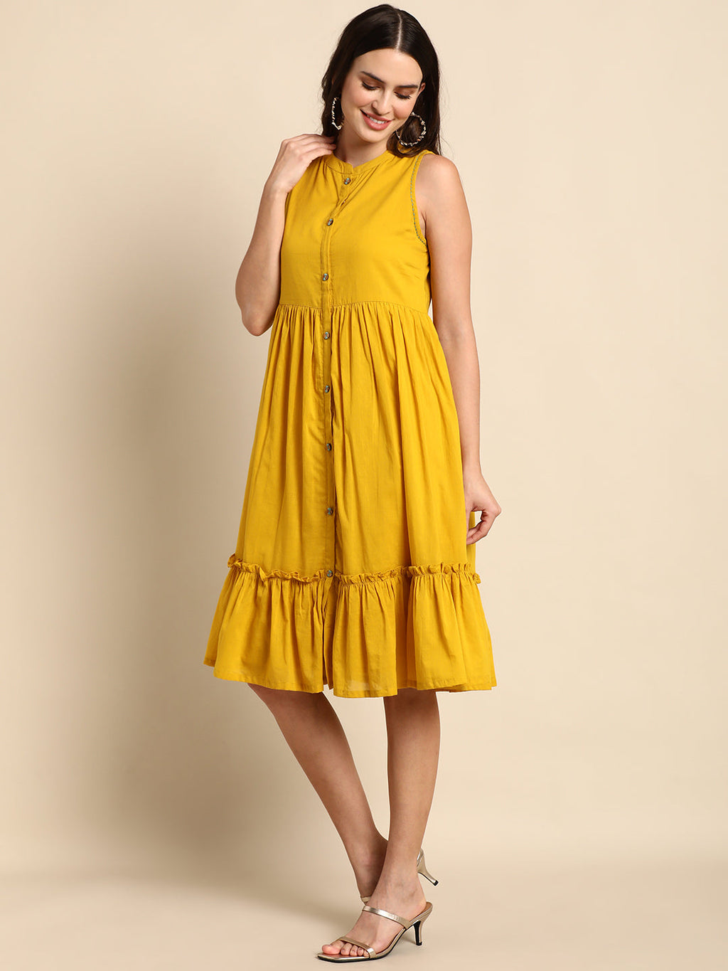 Janasya Women's Mustard Cotton Solid Flared Western Dress - Distacart