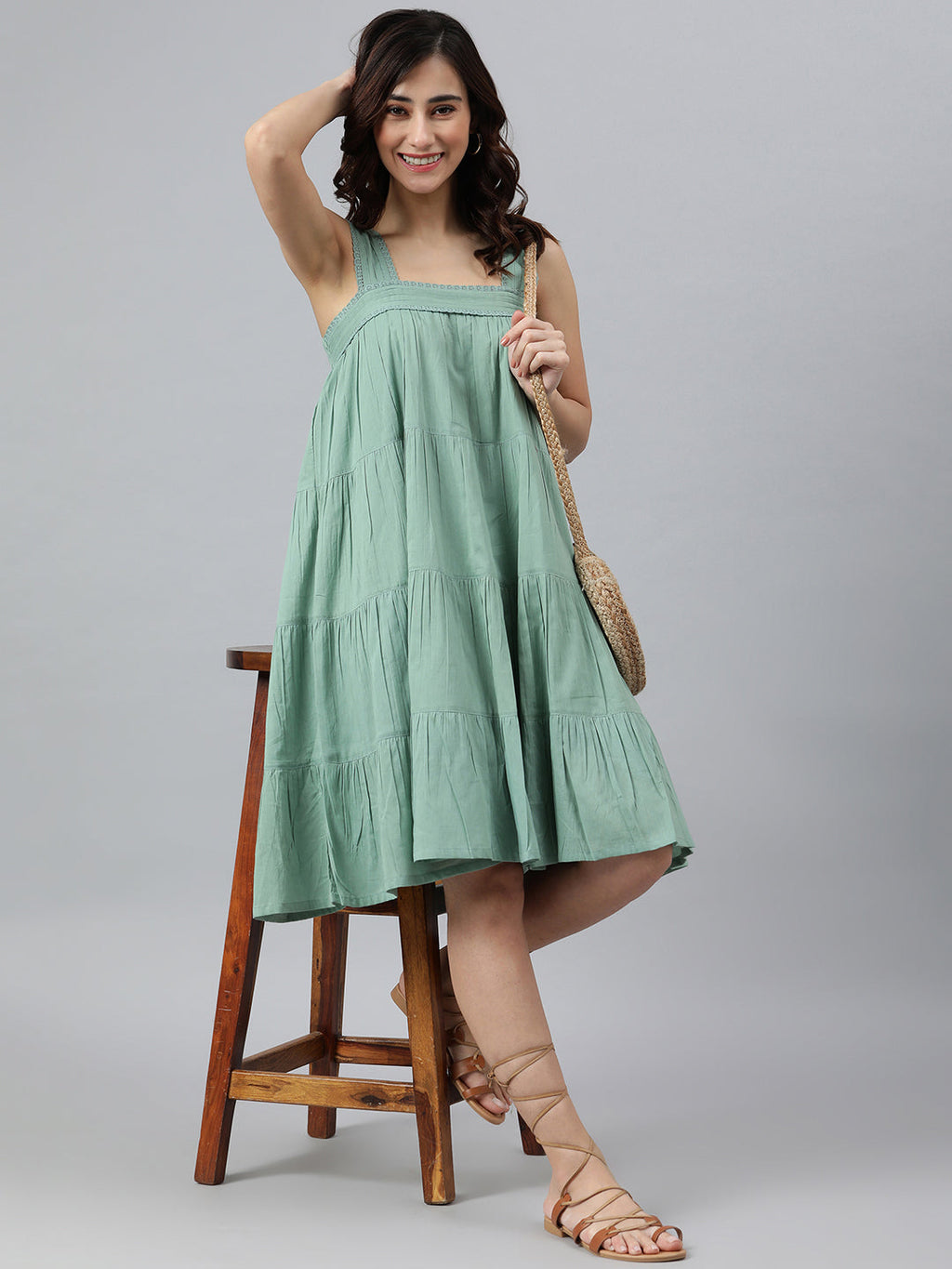 Janasya Women's Mint Green Cotton Solid Flared Western Dress - Distacart