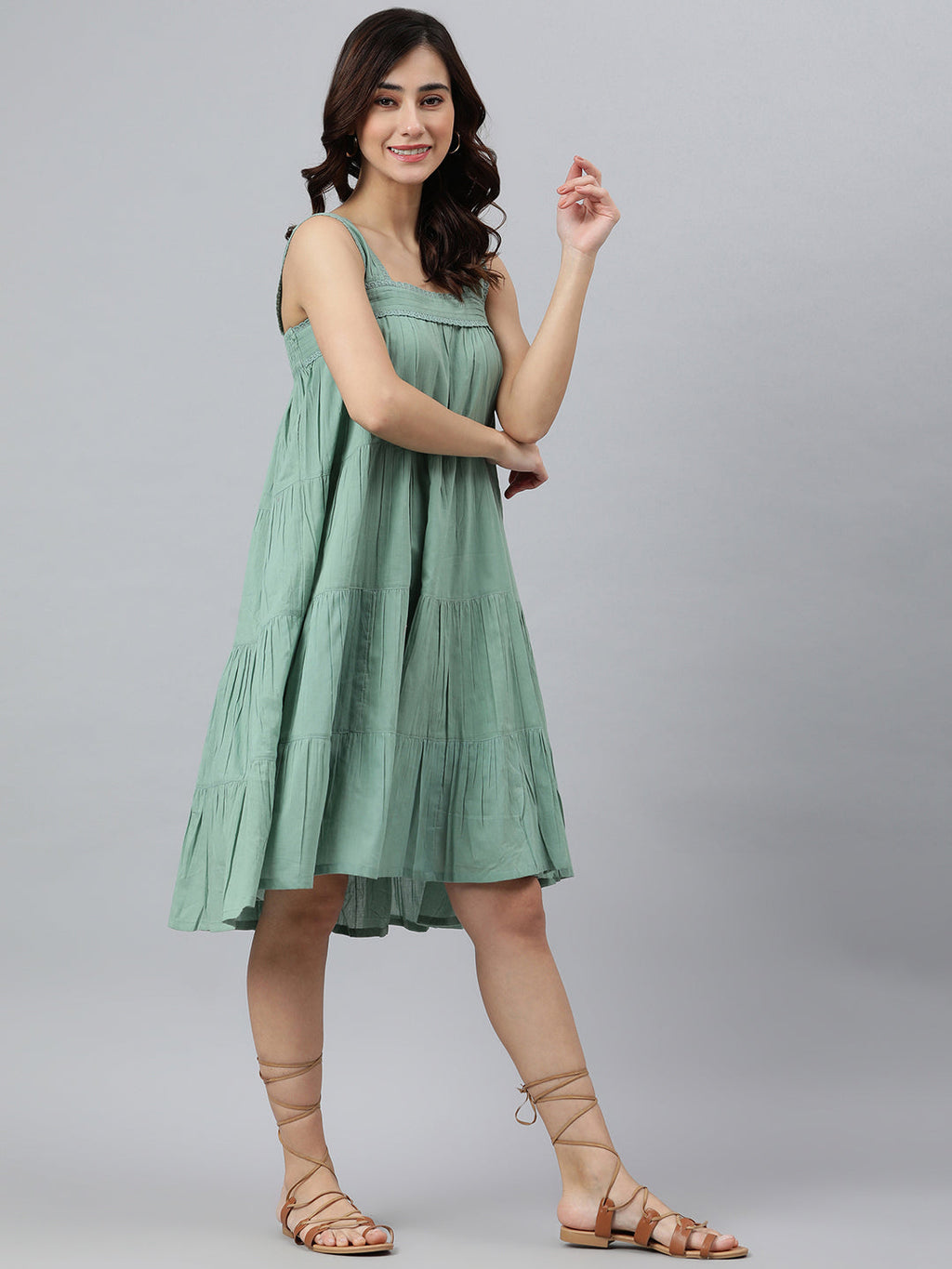 Janasya Women's Mint Green Cotton Solid Flared Western Dress - Distacart