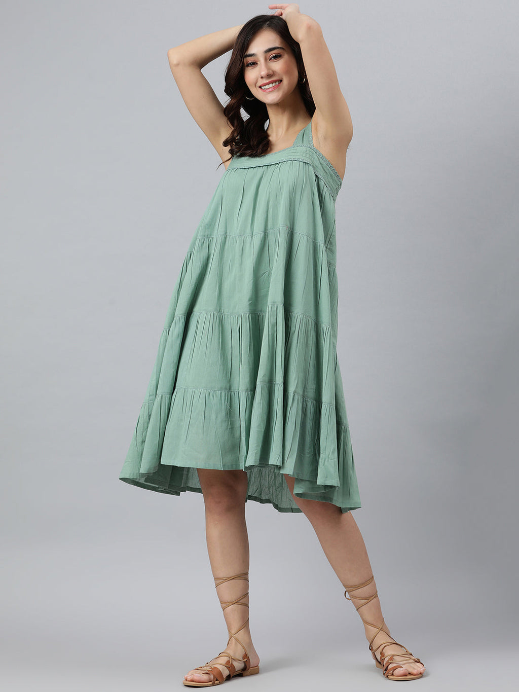 Janasya Women's Mint Green Cotton Solid Flared Western Dress - Distacart