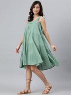 Janasya Women's Mint Green Cotton Solid Flared Western Dress - Distacart