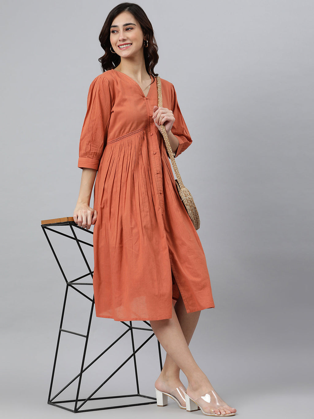 Janasya Women's Coral Orange Cotton Solid Flared Western Dress - Distacart