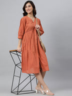 Janasya Women's Coral Orange Cotton Solid Flared Western Dress - Distacart